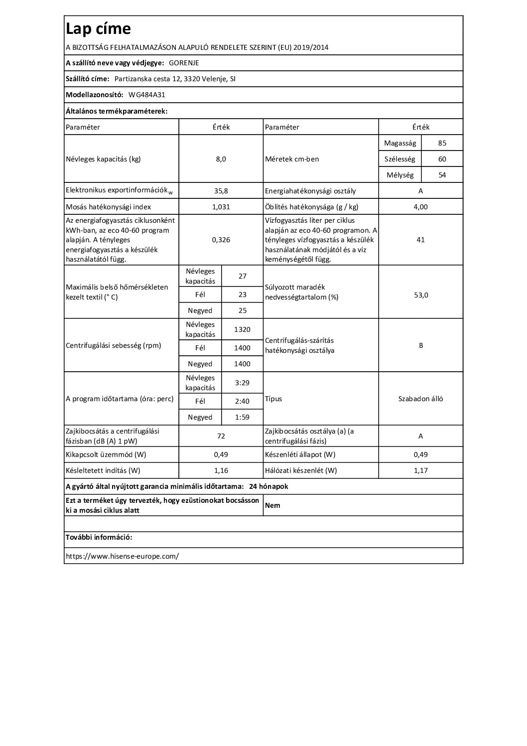 Gorenje WG484A31 elöltöltős mosógép - Image 3