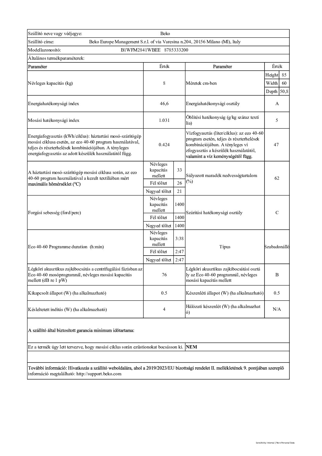 Beko B1WFM2841WBEE elöltöltős mosógép - Image 3
